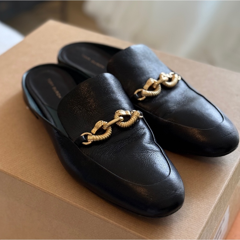Tory Burch Black Leather Jessa Loafer with Gold Chain